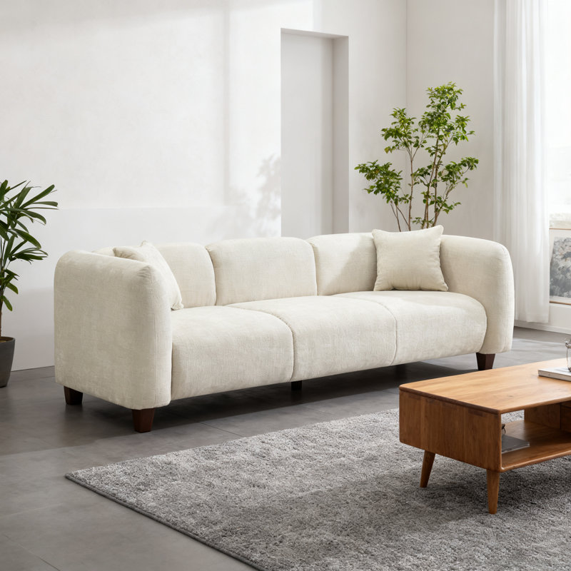 87 In. 3 Seater Modern Upholstered Velvet Sofa, Beige