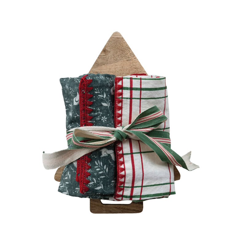 Artisan Cotton Tea Towels & Mango Wood Tree Board, Multicolor – Set of 3