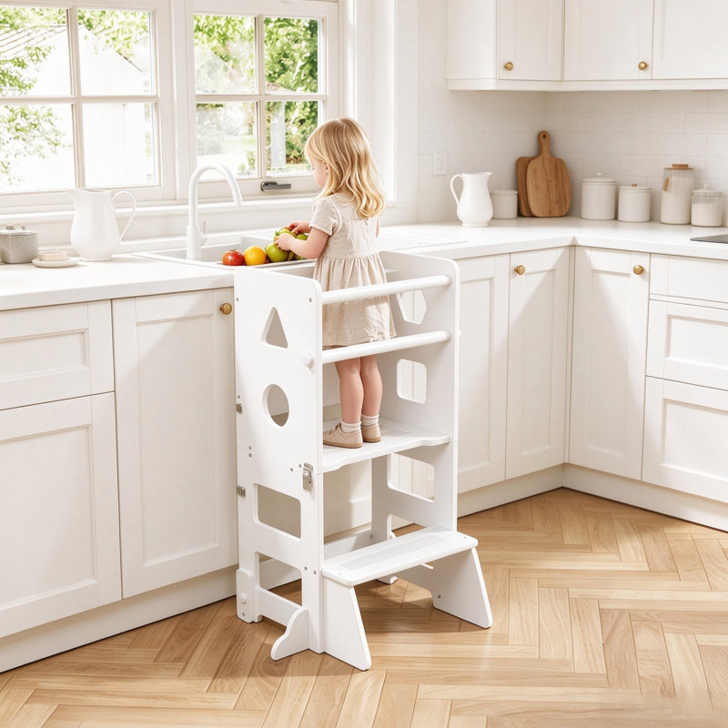 Tour d'apprentissage Montessori pliable pour enfants, marchepied de cuisine en bois pour tout-petits avec barrière de sécurité, tour d'aide à la position debout réglable pour le comptoir, la vaisselle et la pâtisserie.