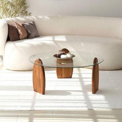 Table basse moderne, 35,4 po x 16,1 po x 35,4 po | Plateau 100% verre trempé et cadre 100% bois de pin massif, châtaignier et transparent | Design élégant et durable pour le salon, meubles de fantaisie élégants