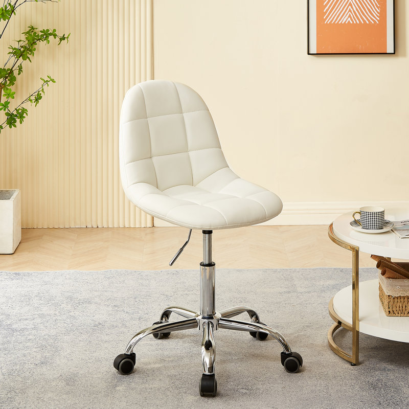Modern White Armless Upholstered Office Chair with Wheels – Adjustable Height Mid-Back Swivel Desk Chair for Home Office, Makeup Vanity, Study, and Small Space – Padded Computer Chair with Casters, Metal Base, 250 lbs Capacity