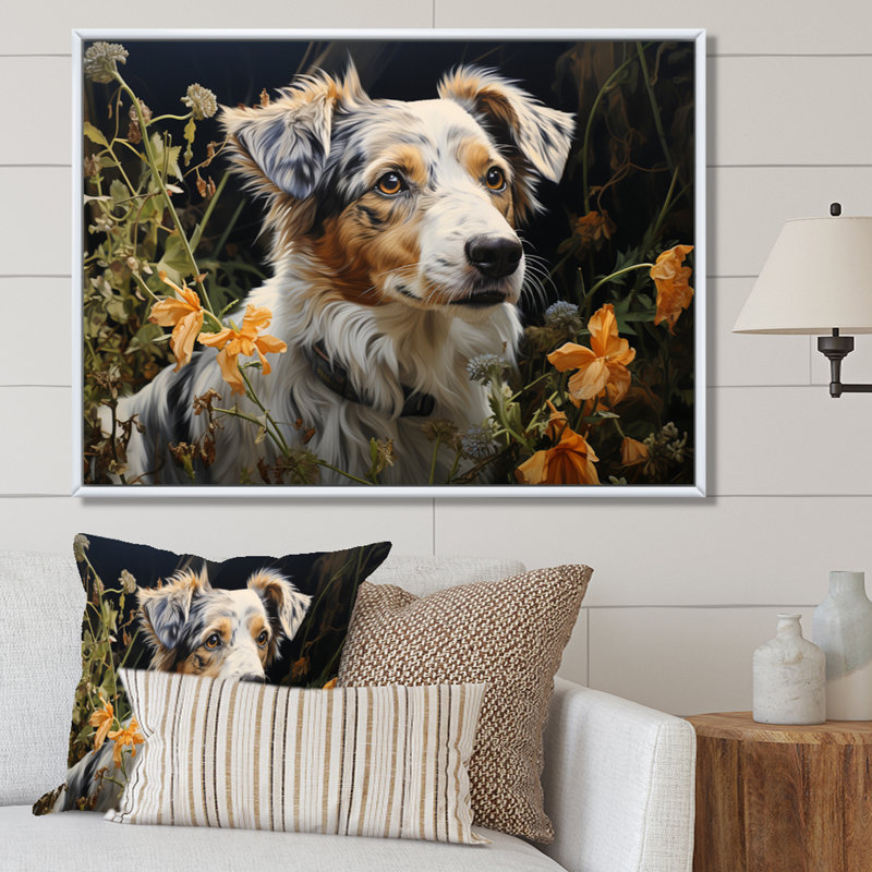 Dog Inquisitive Canine Pastoral - Imprimé, H 16 po x l 32 po x P 1 po, Cadre flottant blanc