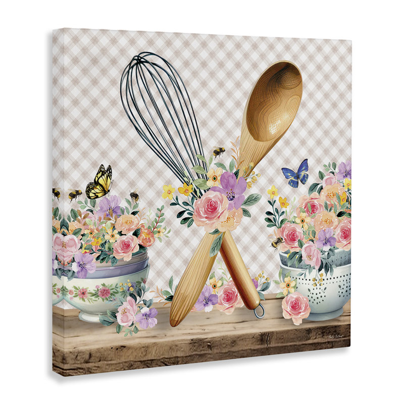 «Crossed Utensils on Gingham», art mural sur toile par Nicole DeCamp, H 30 po x l 30 po