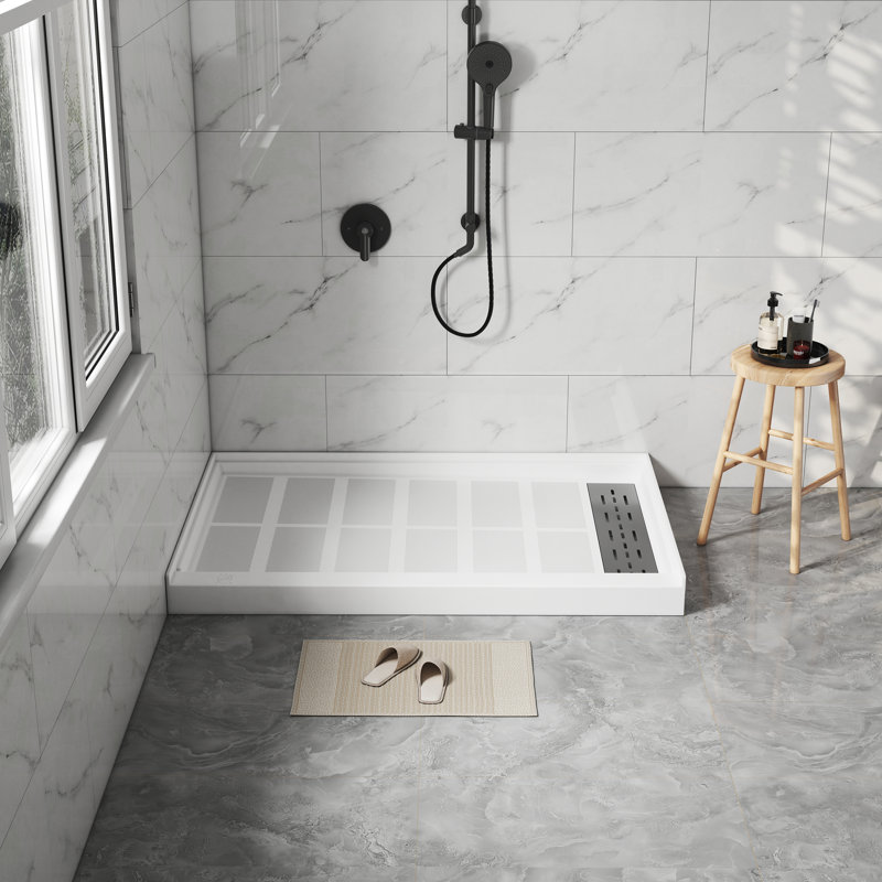Single Threshold SMC Shower Pan Base With Drain Assembly & Drain Cover, Non-Slip, Right