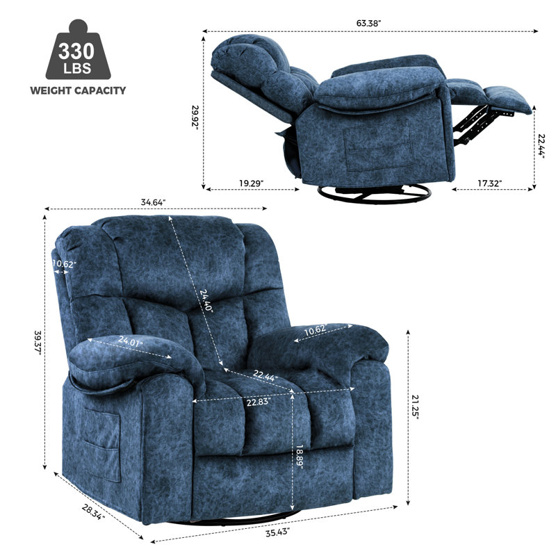  High-Softness Velvet Manual Swivel Rocker Recliner Chair(Set of 2), Blue