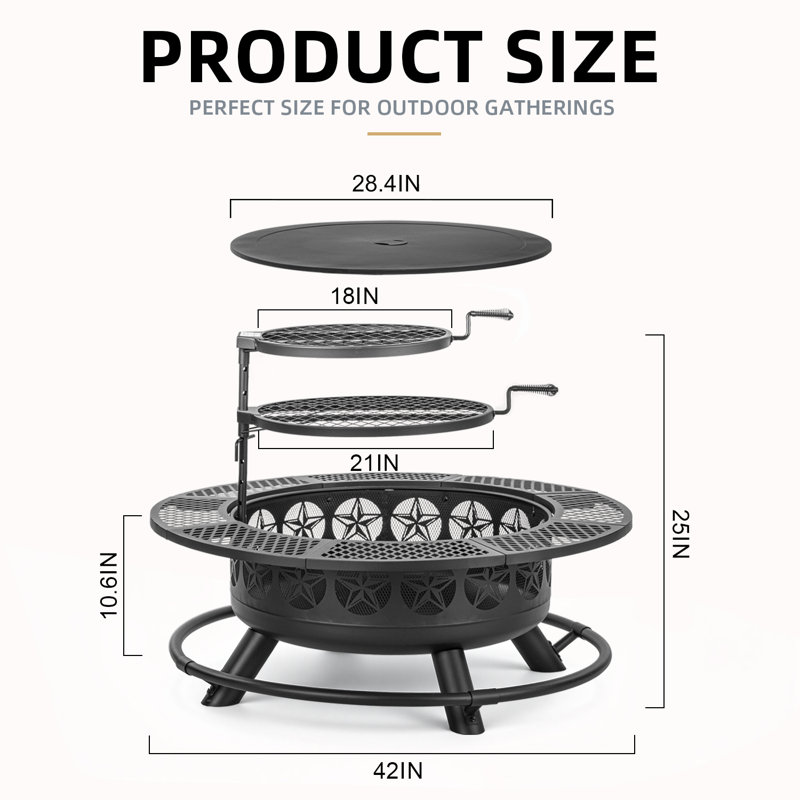 Foyer au bois avec barbecue et couvercle, H 25,2 po x l 42 po x P 42 po