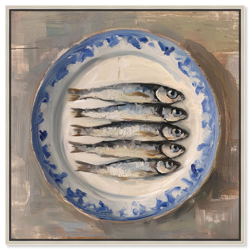 «Sardines Still Life» par Art Remedy, H 13 po x l 13 po, Noir, Cadre flottant