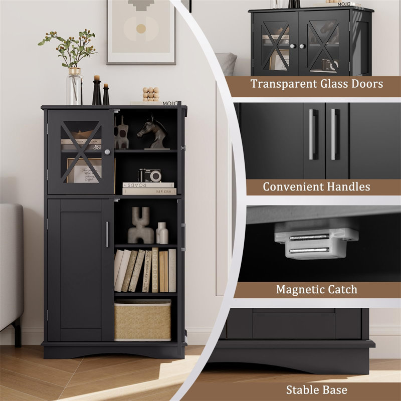 Black MDF Living Room Cabinet with Adjustable Shelving and Glass Doors