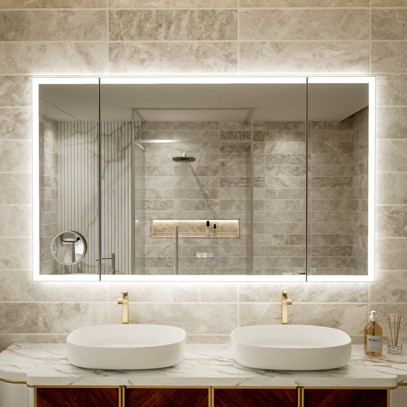 60"W X 36"H Smart Tri-Fold Bathroom Vanity LED Makeup Mirror Front/Backlit Lighting With Dual Light Strips With 5X Movable Magnetic Magnifier
