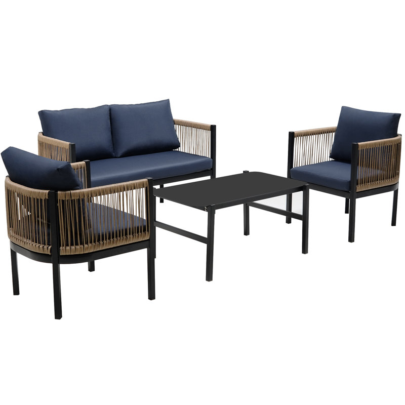 Ensemble de canapé d'extérieur multi-personnes en U avec table , Bleu
