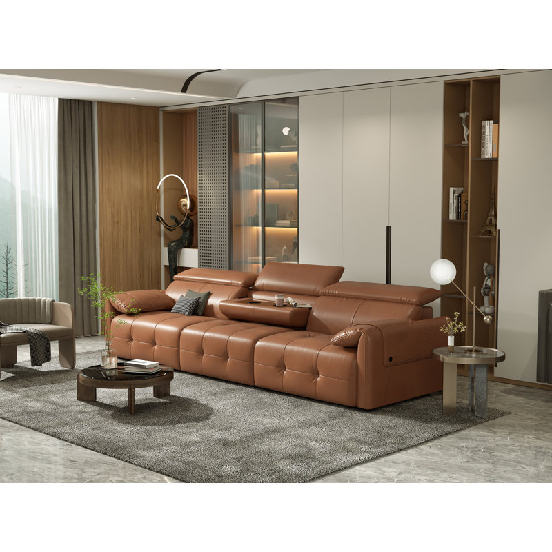 122" Genuine Leather Modern Modular Sofa with Adjustable Headrest and Cupholder, Brown