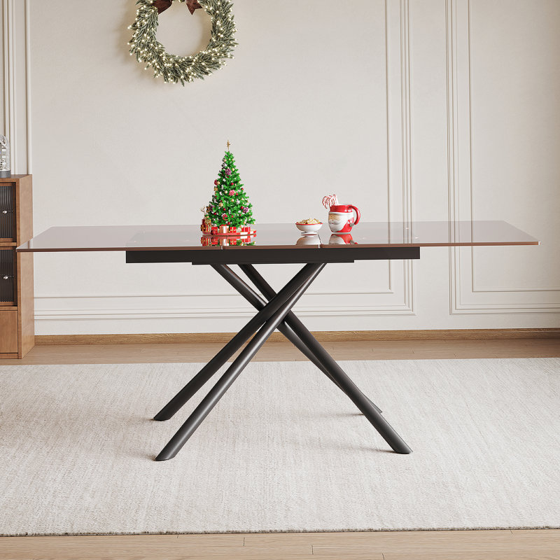 Table de salle à manger rectangulaire 59 po avec rallonge rétractable 59 po., Transparent, Acier au carbone, Noir