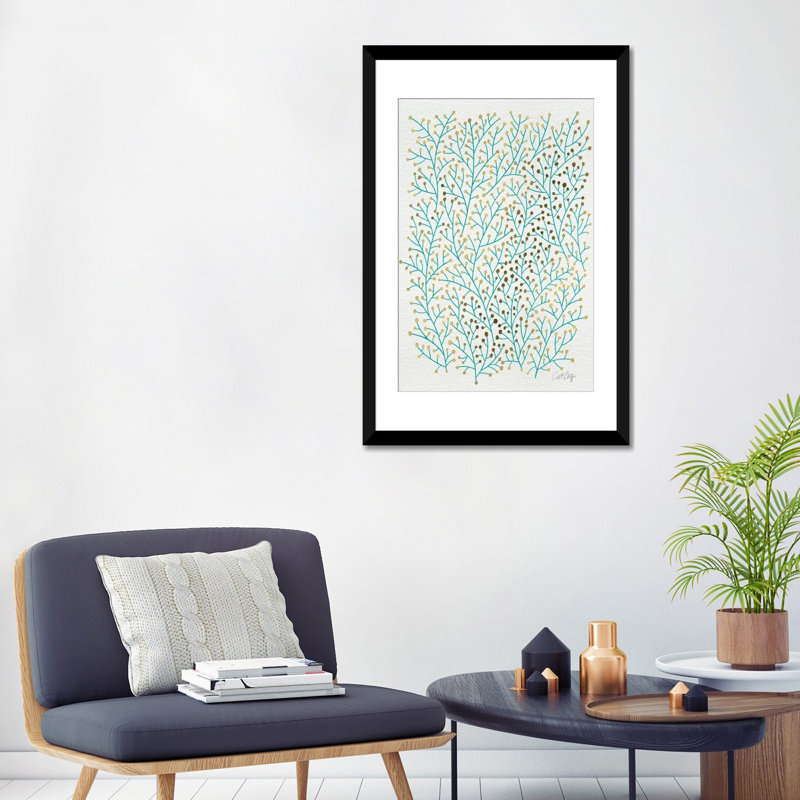 « baies branches », impression sur toile tendue en turquoise doré, Papier avec cadre noir, Blanc, H 32 po x l 24 po x P 1 po