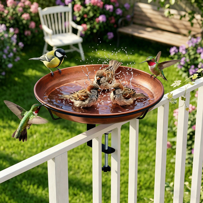 Deck Mounted Bird Bath with Adjustable Railing Clamp, Rust-Resistant Copper Finished Metal Bird Water Bowl for Balcony, Porch and Fence Outdoor Decor