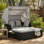 Lit de jour de patio en rotin avec auvent rétractable, chaise longue d'extérieur en osier avec 2 tables d'appoint pliables, coussins de siège et de dossier épais, lit de jour double extérieur pour le jardin, la cour arrière, le porche (gris)