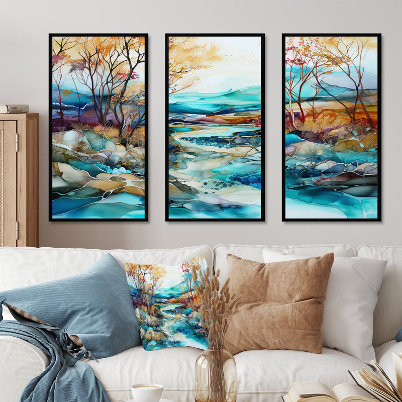 Ensemble de décorations murales paysage turquoise et brun, Cadre flottant noir, H 32 po x l 48 po x P 1 po