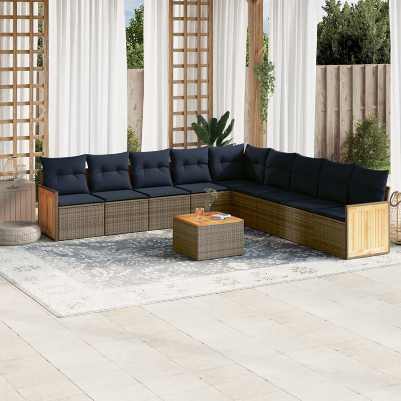 Ensemble de canapé de patio 10 pièces avec coussins en rotin de polyester, Gris, Marine