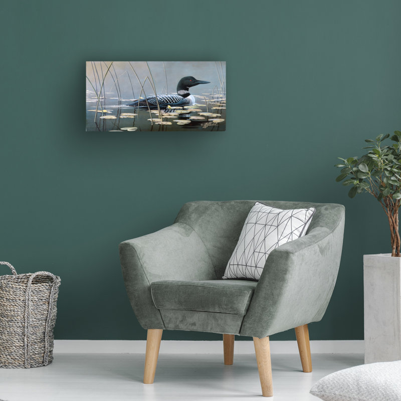 Art mural sur toile tendue - «Loon In Reeds» de Wilhelm Goebel pour décoration de salon, de chambre à coucher ou de bureau - 16 x 32
