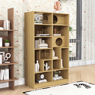 Modern Cat House and Multi-Tier Bookshelf Display Case with Storage Cubbies and Climbing Pass-Through Shelves