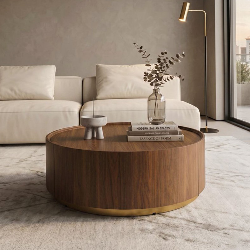 Table basse ronde 39,37 po moderne avec 2 tiroirs de rangement cachés, table basse ronde en bois de noyer avec cercle de rangement pour le salon, sans assemblage