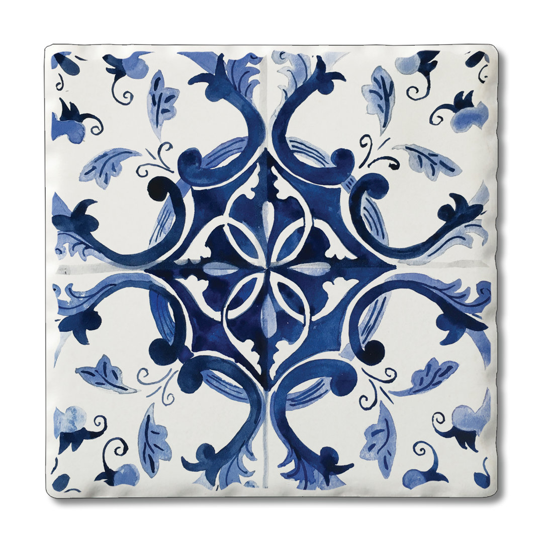 Blue and White Tile Single Image Absorbent Stone Coaster 4 Pack Canora Grey