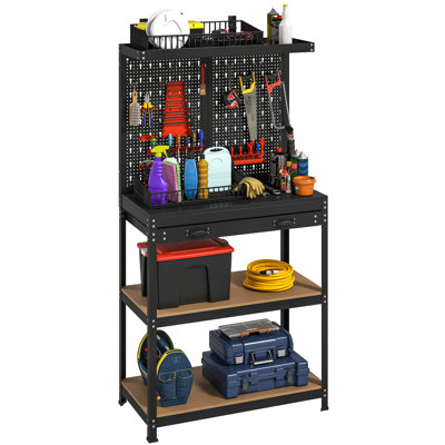 31.5" Metal Workbench with Pegboard w/ Hanging Kits Shelves Drawer
