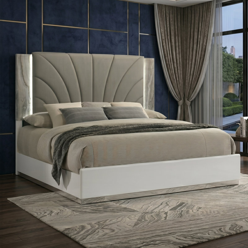 Grand lit plateforme à DEL Monaco avec tête de lit tapissier capitonnée et accents en marbre gris, King