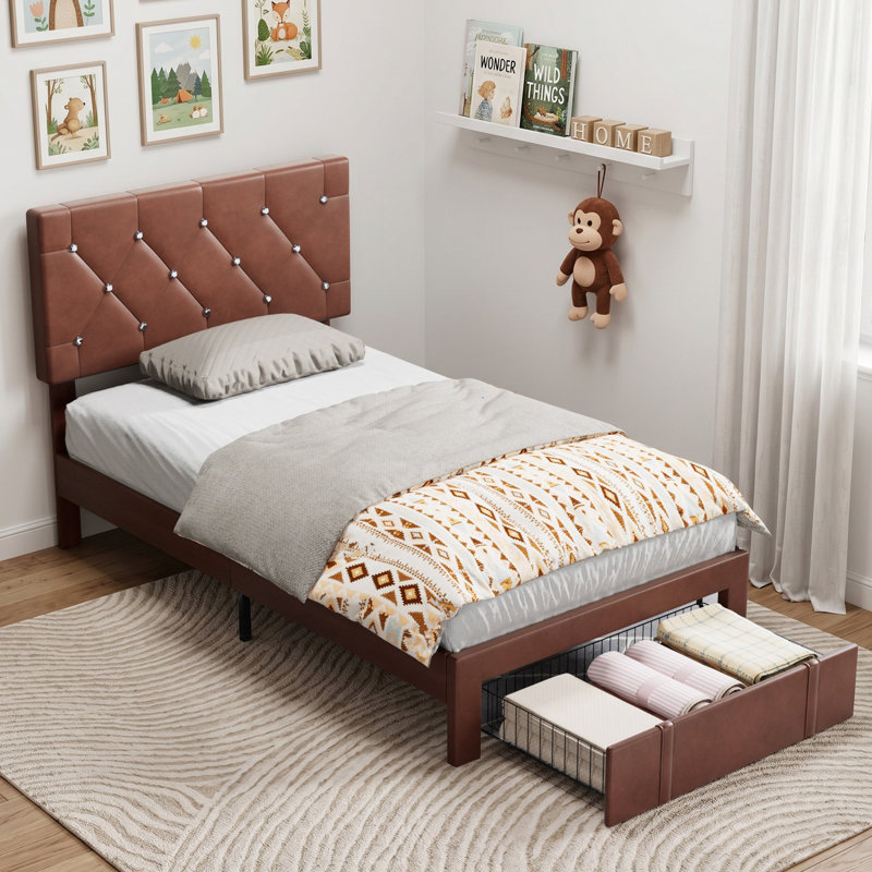 Structure de lit simple moderne en cuir synthétique avec tête de lit capitonnée réglable, Lit simple, Brun