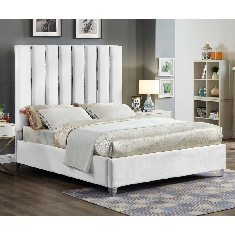 Lit plateforme tapissier capitonné Dietrich, Double, Velours blanc
