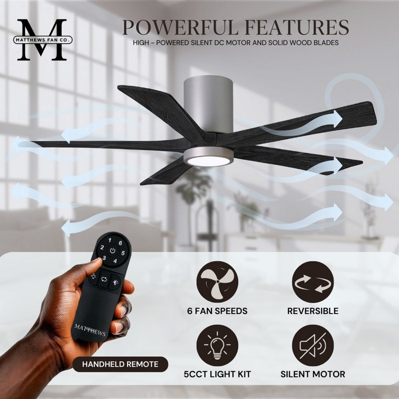 Irene Flushmount Light Kit 5 Blade LED Ceiling Fan, Brushed Nickel, Matte Black, 42"