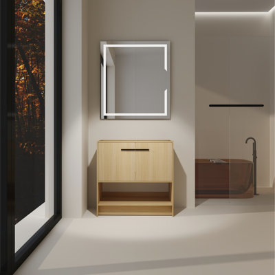 Meuble-lavabo autoportant de 36 po 36 po, contreplaqué, 2 portes, résistant à l'eau, assemblage facile, conception américaine, armoire en contreplaqué 2 portes Oak Glow, et humidité, installation, finition couleur
