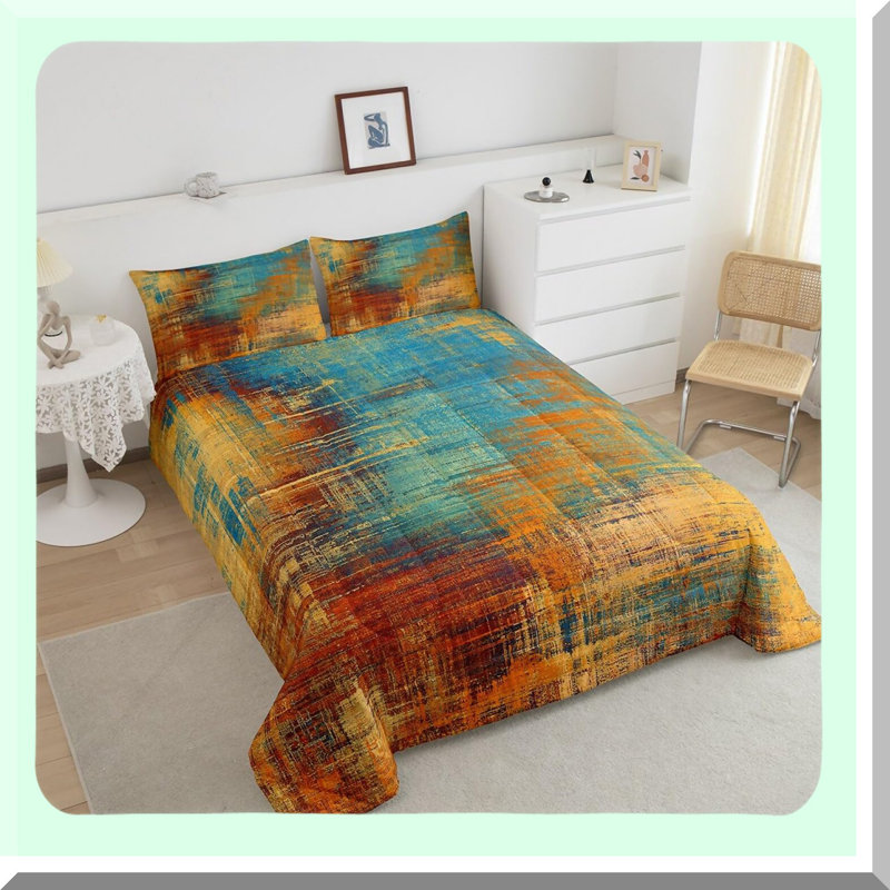 Grunge Ombre Watercolor Comforter Set - Luxurious Queen Size Bedding with Abstract Geometry Design - Blue Tie Dye and Teal Gradient Quilt Set