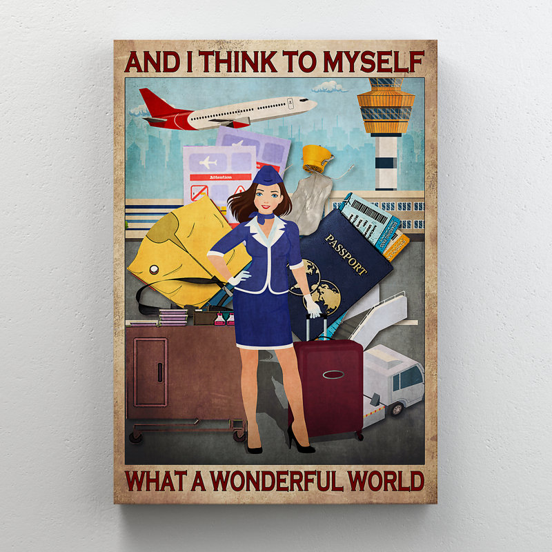«A Flight Attendant» - et je pense à moi-même «What a Wonderful World», toile tendue avec décor de personnes, décor de salon bleu