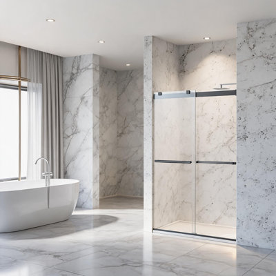 46 inch to 48 inch Matte Black Frameless Double Sliding Soft Close Shower Door with 5/16 inch Thick Tempered Glass