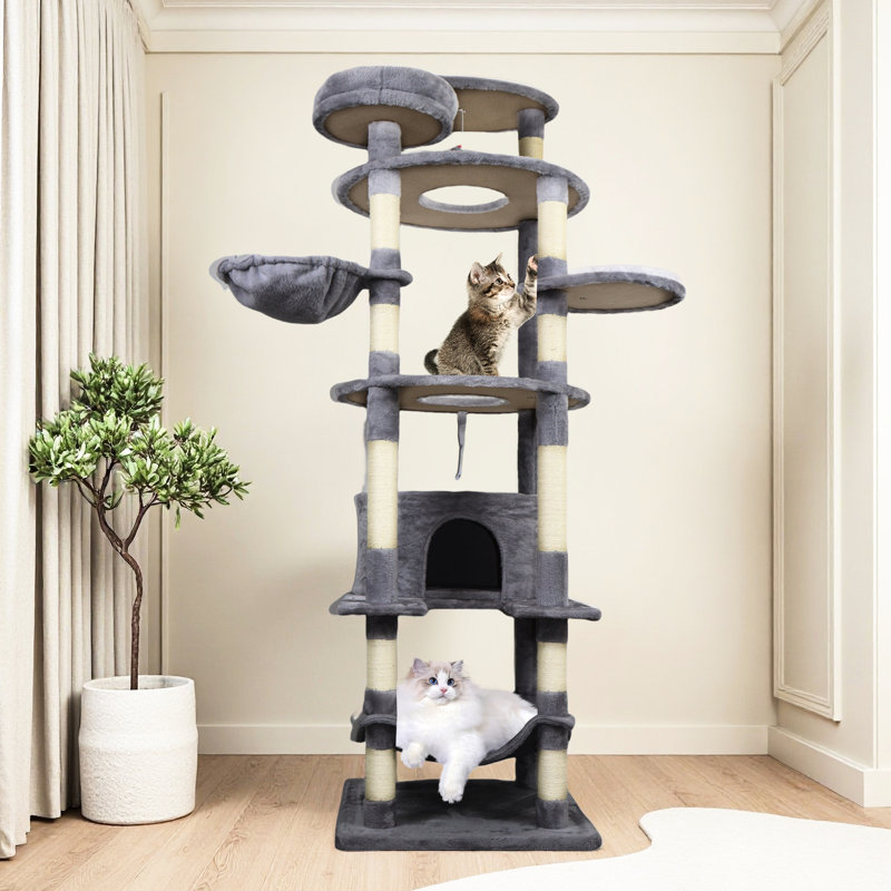 Tour pour arbre à chat de 78 pouces gris foncé avec grand poteau à griffes, grande plateforme et plateau -, stable, facile à assembler pour plusieurs chats
