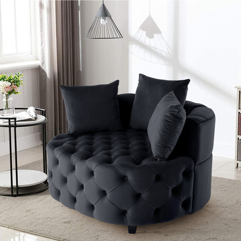 Keoka 36.6'' Wide Tufted Velvet Big Barrel Chair with Three Pillows, Black Velvet