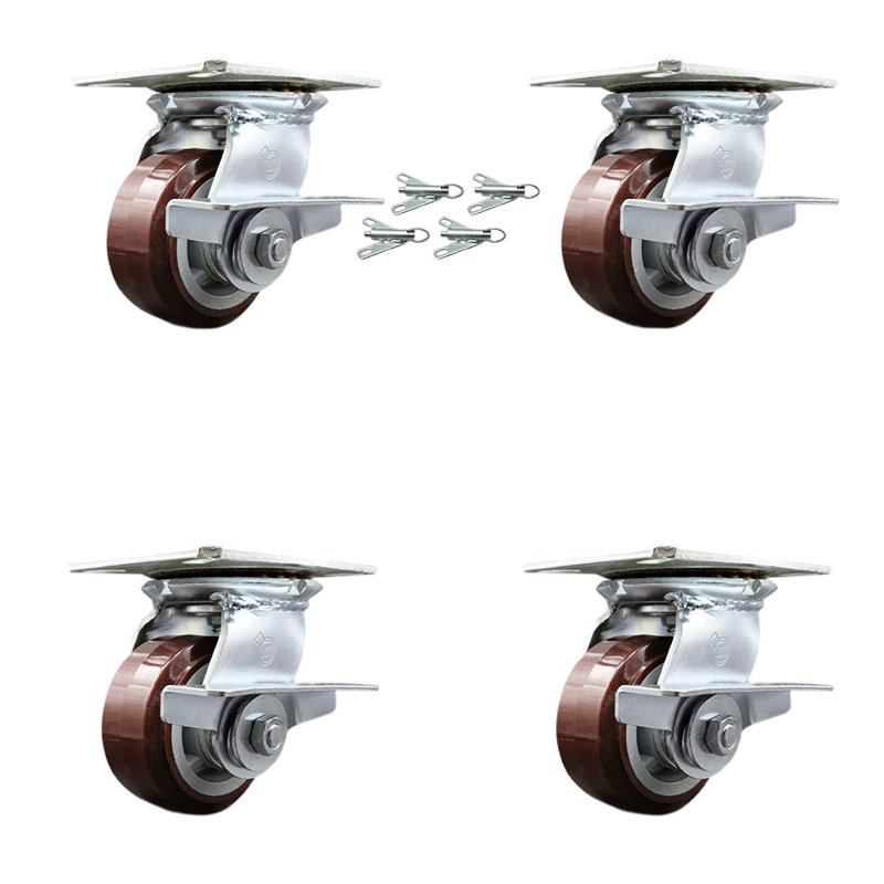 4 Inch Polyurethane Caster Set with Ball Bearing and Brakes/Swivel Locks SCC