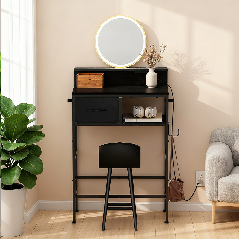 Black Vanity Desk with Charging Station and Storage Drawer