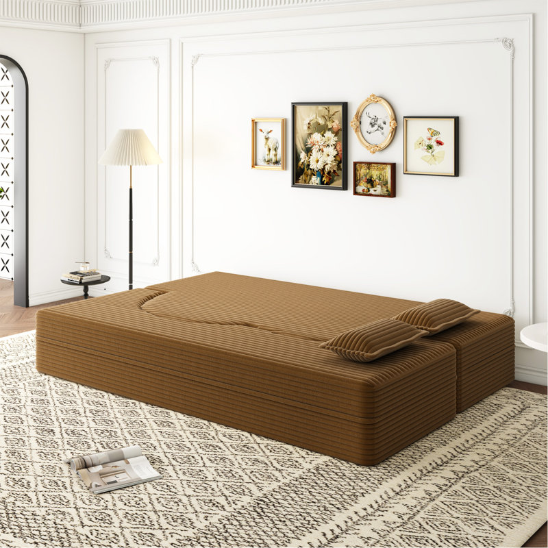 Canapé-lit moderne avec 2 coussins, canapé-lit convertible en velours côtelé rembourré de mousse, matelas pliant de 15 po pour le salon, lit d'invité, sans assemblage requis, brun clair
