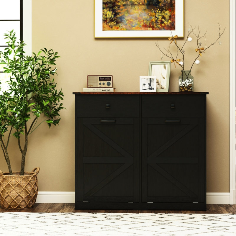 Armoire à ordures à double basculement avec style, espace et polyvalence, avec 2 tiroirs de rangement supplémentaires, finition imperméable, design, stable, plateau de table