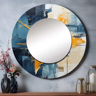 Raedene Abstract Layers I - grand miroir à collages abstraits, miroir mural rond rond jaune