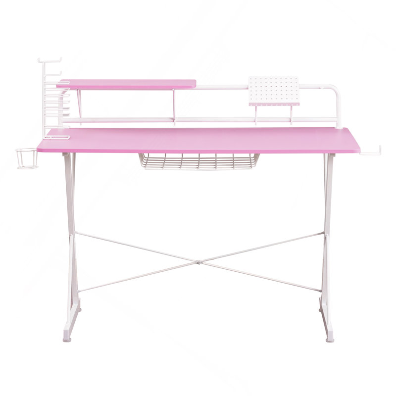 Techni Sport TS-200 Carbon Computer Gaming Desk With Shelving, Pink, Pink/White