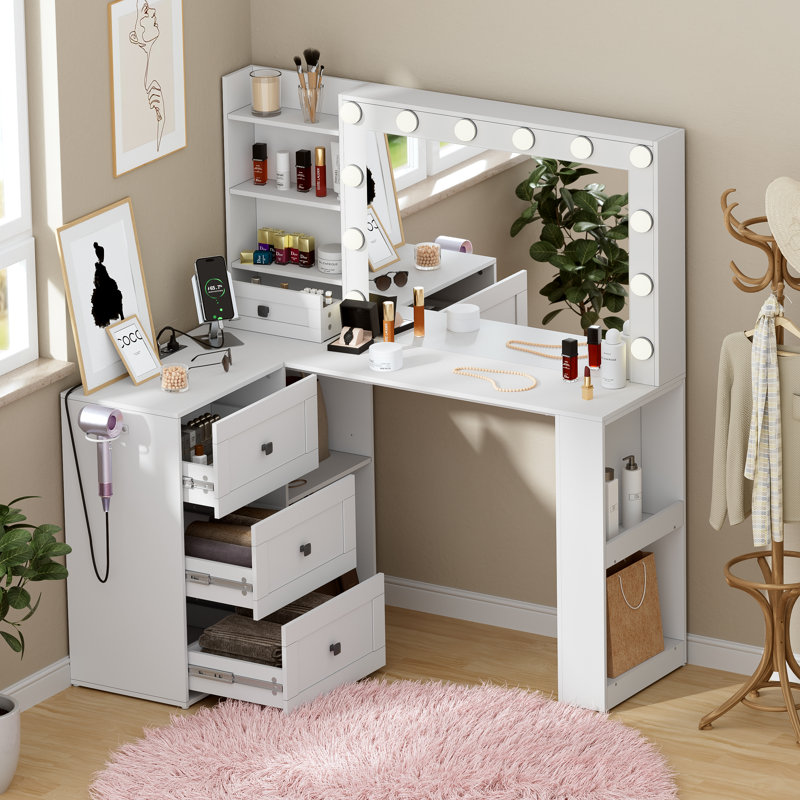 Jeshaun Vanity Desk with Mirror and Lights, Makeup Table with 3 Color Lighting
