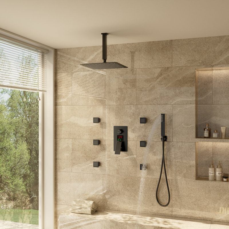 Ceiling Mounted Pressure Balanced Luxury Complete Shower System with Digital Display and Rough-in Valve, Matte Black