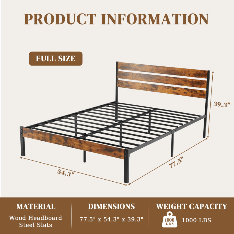 Full Size Bed Frame- Heavy Duty Mattress Foundation With Headboard, Steel Slats Support (No Box Spring Needed), Full