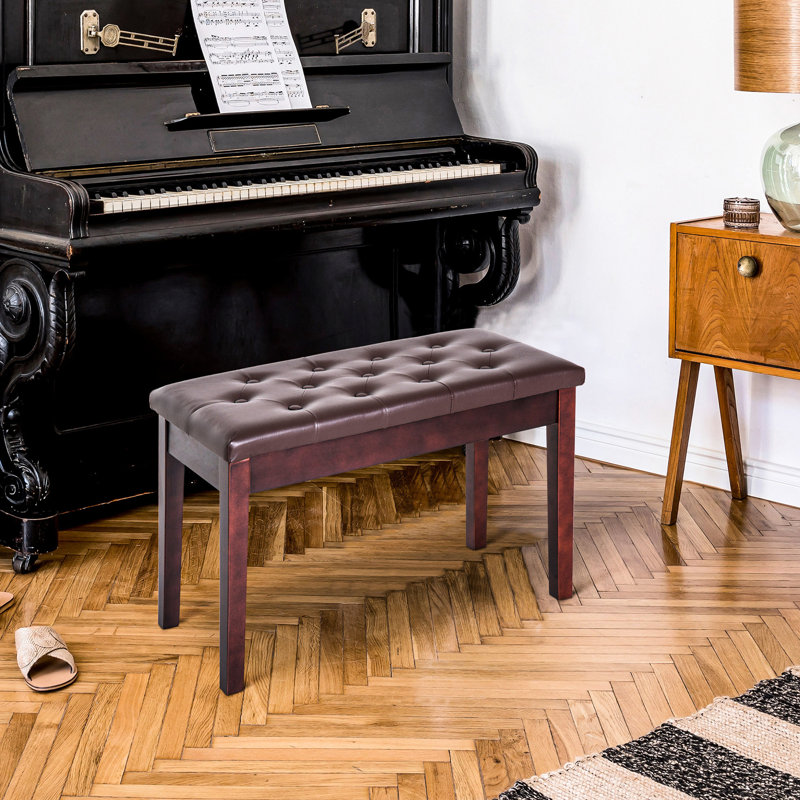 Duet-Ready Keyboard Bench In Brown With Faux Leather Cushion And Wooden Base Duet- Piano Stool Stable Structure