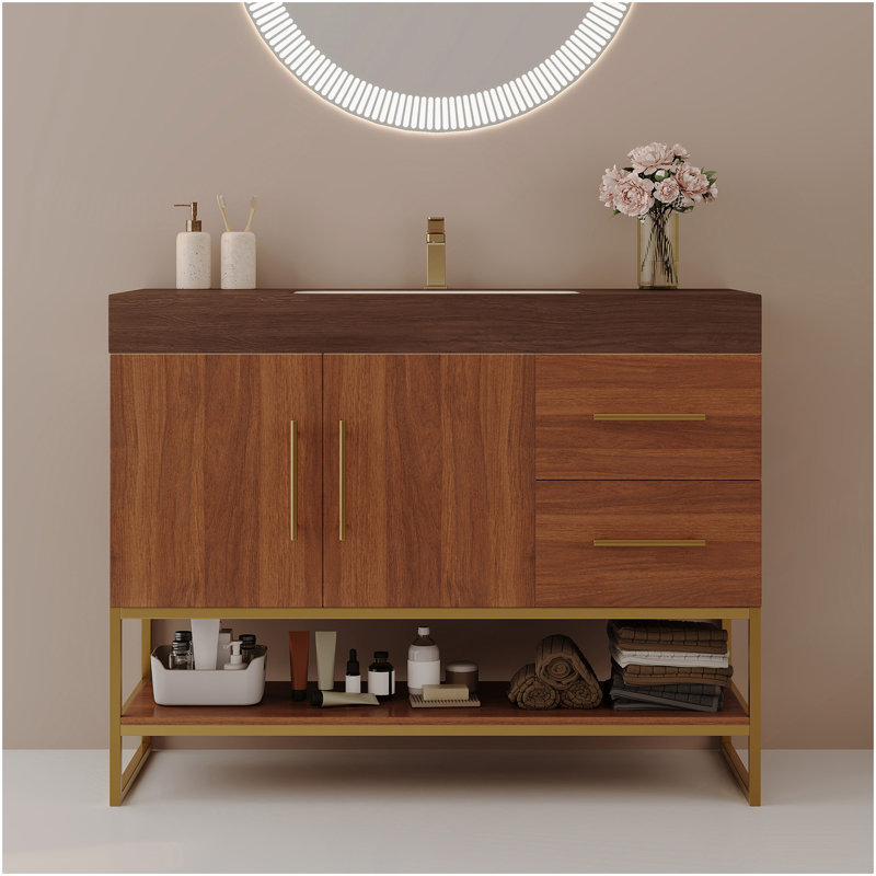 36" Modern Free-Standing Bathroom Vanity With Seamless Ceramic Sink & Sintered Stone Top, Walnut