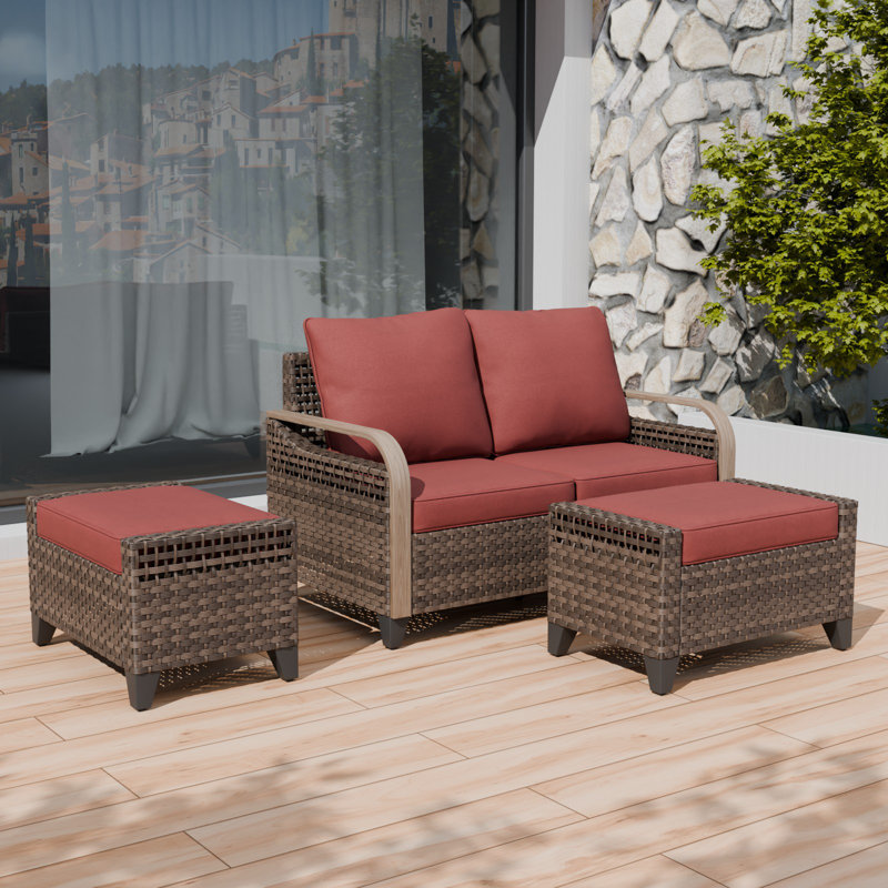 Patio Outdoor Wicker Sofa loveseat with Ottoman with Cushions, Red