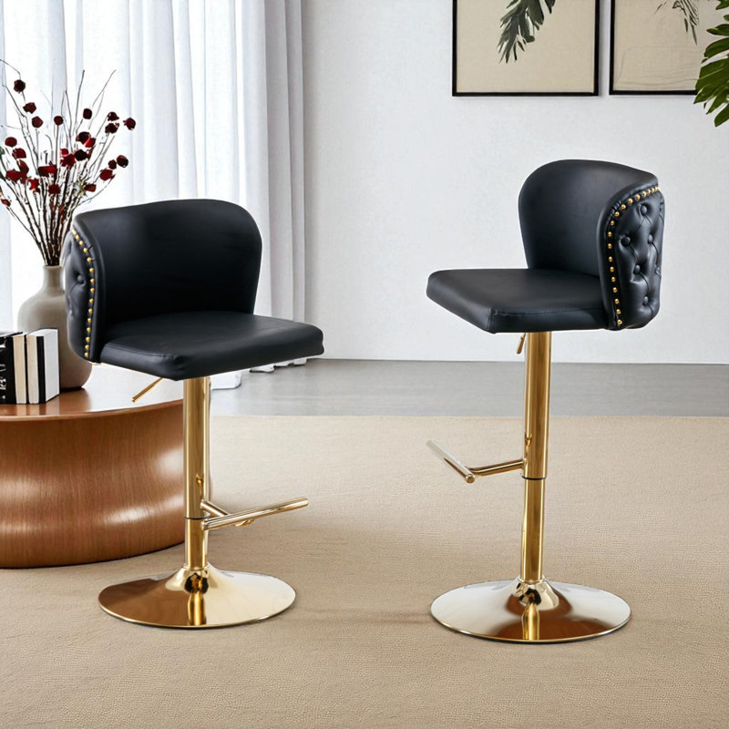 Zager Swivel Adjustable Height Bar Stool, Modern PU Leather Kitchen Island Counter Bar Chair, Black Seat/ Gold Frame