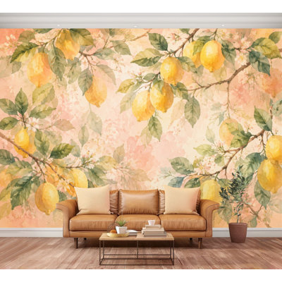 Wall Mural Peel and Stick Lemon Branch Yellow Citrus Fruits Green Leaves Vintage Watercolor Large Wallpaper Self-Adhesive Removable Contact Paper Wall Decor for Living Room Bedroom Nursery 100"H x 144"W
